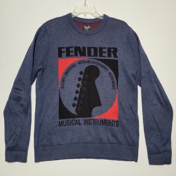 Fender Guitar Lucky Brand Logo Sweatshirt Medium Sweater Men's Blue Long Sleeve - Picture 6 of 10